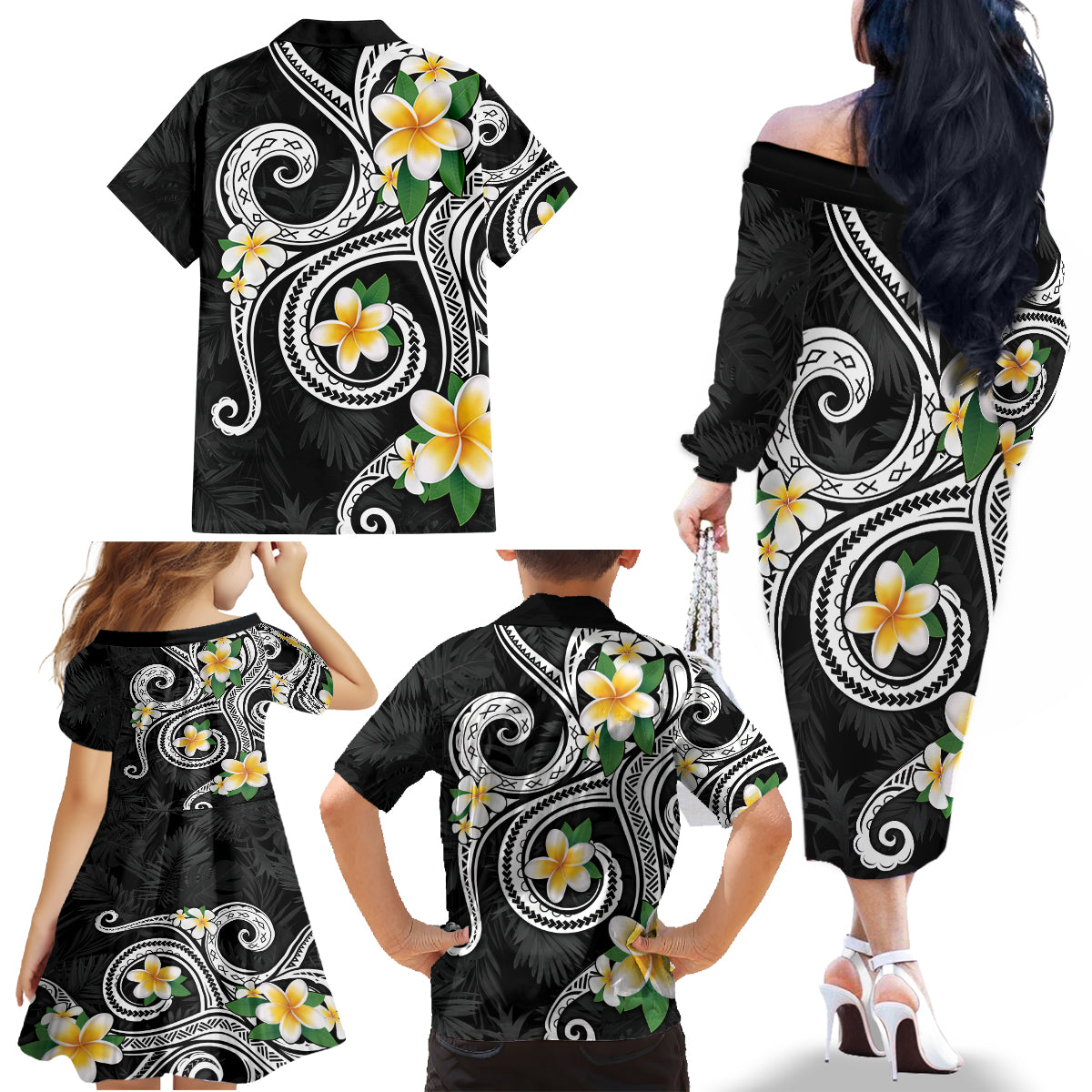 Kanaka Maoli Hawaii Plumeria Family Matching Off The Shoulder Long Sleeve Dress and Hawaiian Shirt Dancing Tentacles Black Style LT7 - Polynesian Pride
