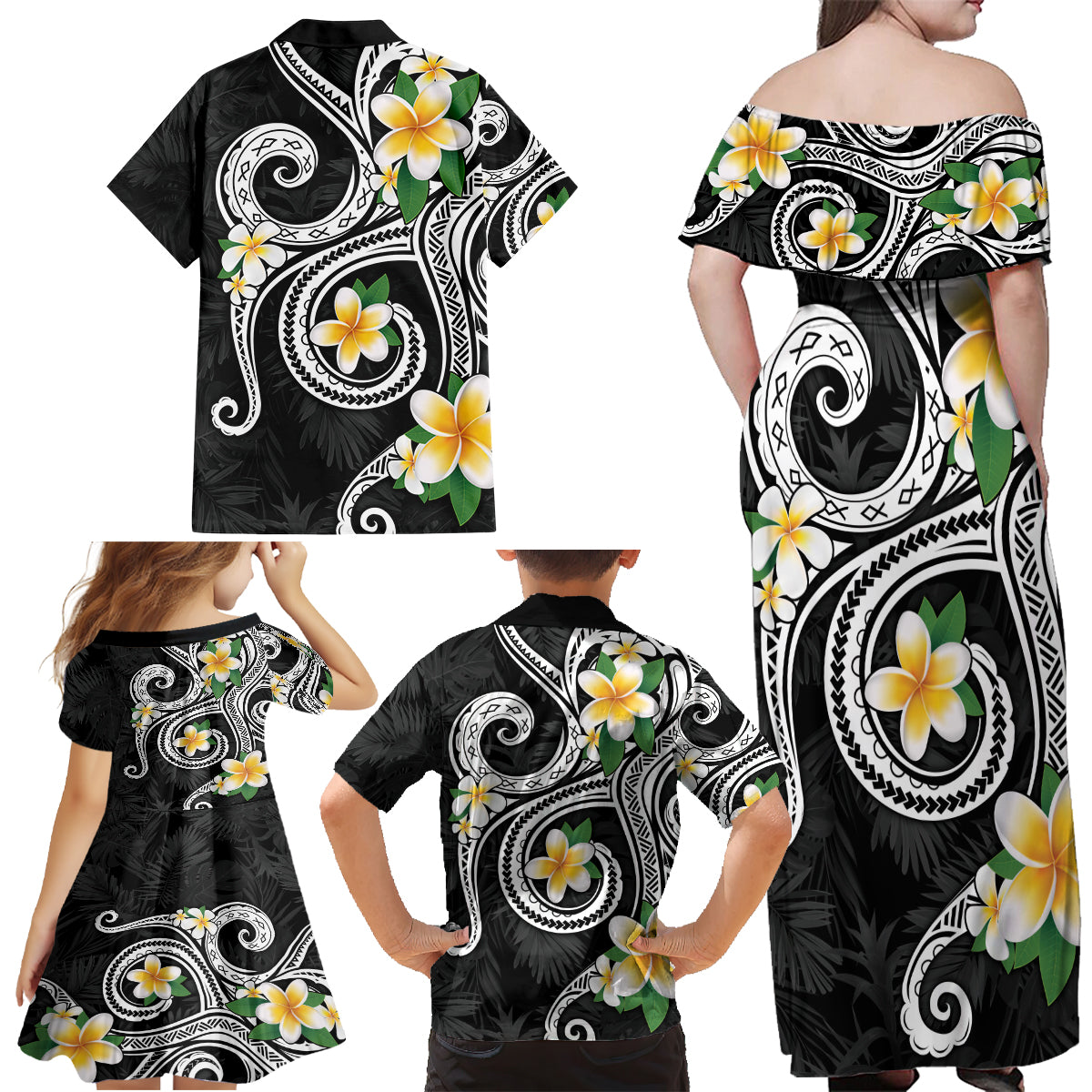 Kanaka Maoli Hawaii Plumeria Family Matching Off Shoulder Maxi Dress and Hawaiian Shirt Dancing Tentacles Black Style LT7 - Polynesian Pride