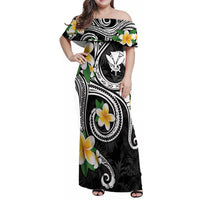 Kanaka Maoli Hawaii Plumeria Family Matching Off Shoulder Maxi Dress and Hawaiian Shirt Dancing Tentacles Black Style LT7 Mom's Dress Black - Polynesian Pride