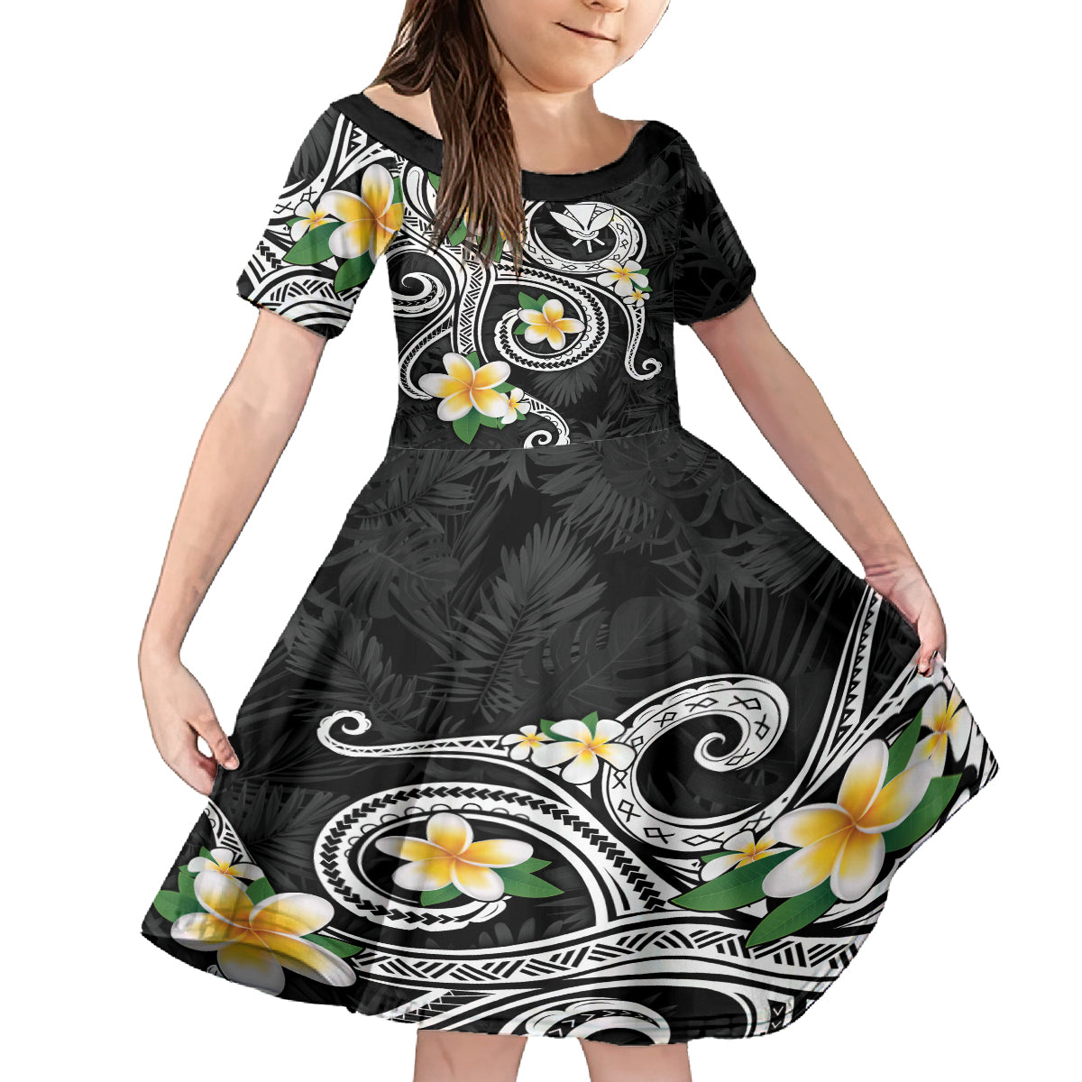 Kanaka Maoli Hawaii Plumeria Family Matching Summer Maxi Dress and Hawaiian Shirt Dancing Tentacles Black Style LT7 Daughter's Dress Black - Polynesian Pride