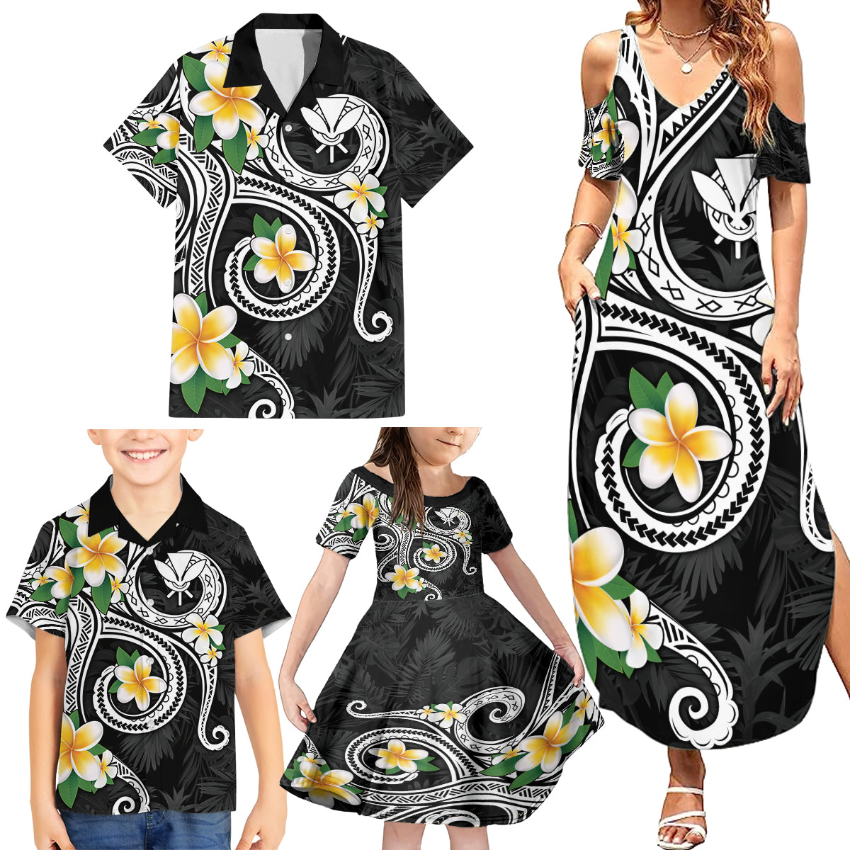 Kanaka Maoli Hawaii Plumeria Family Matching Summer Maxi Dress and Hawaiian Shirt Dancing Tentacles Black Style LT7 - Polynesian Pride