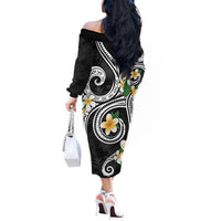 Kanaka Maoli Hawaii Plumeria Off The Shoulder Long Sleeve Dress Dancing Tentacles Black Style LT7 - Polynesian Pride