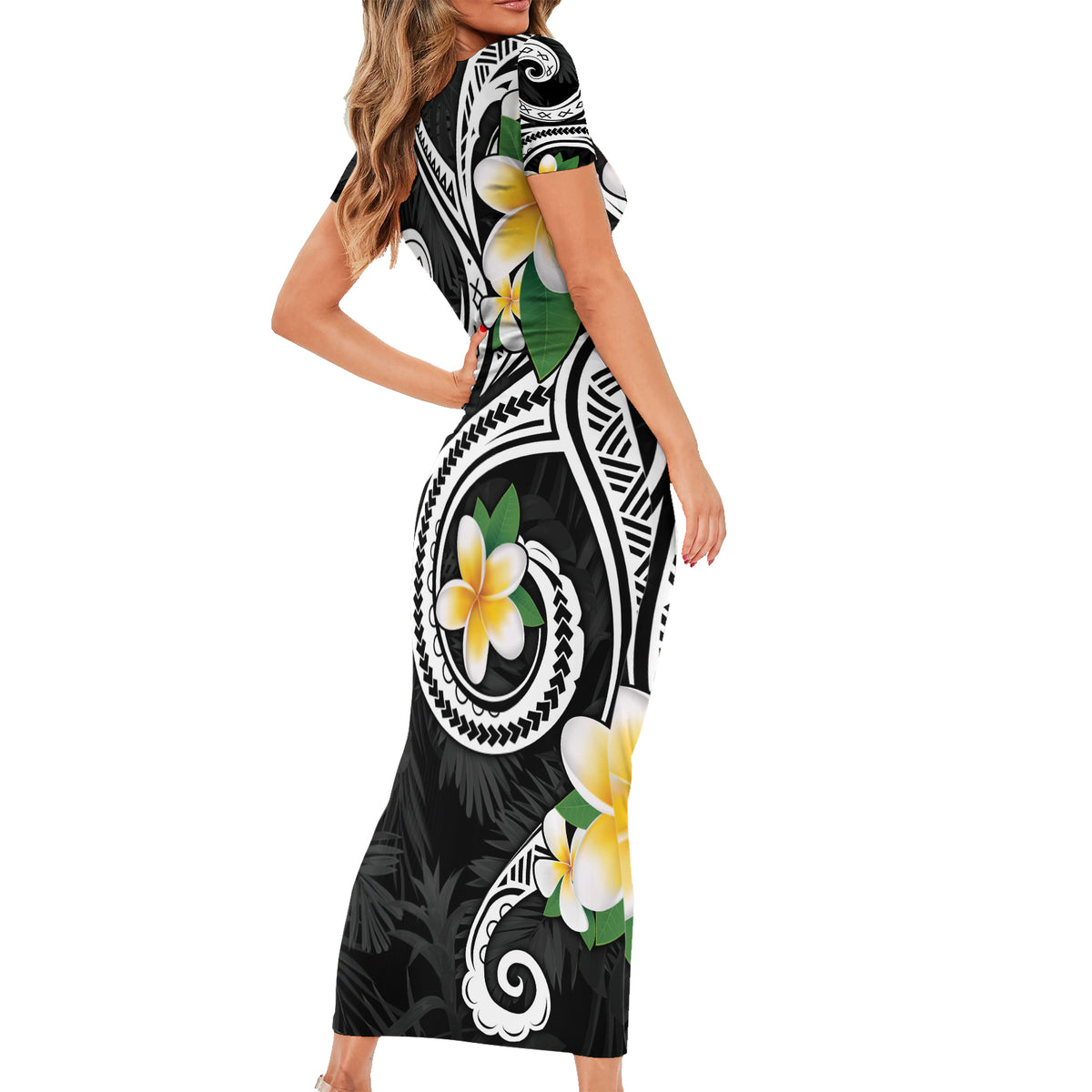 Kanaka Maoli Hawaii Plumeria Short Sleeve Bodycon Dress Dancing Tentacles Black Style