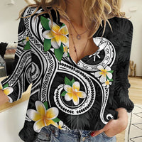 Kanaka Maoli Hawaii Plumeria Women Casual Shirt Dancing Tentacles Black Style LT7 Female Black - Polynesian Pride