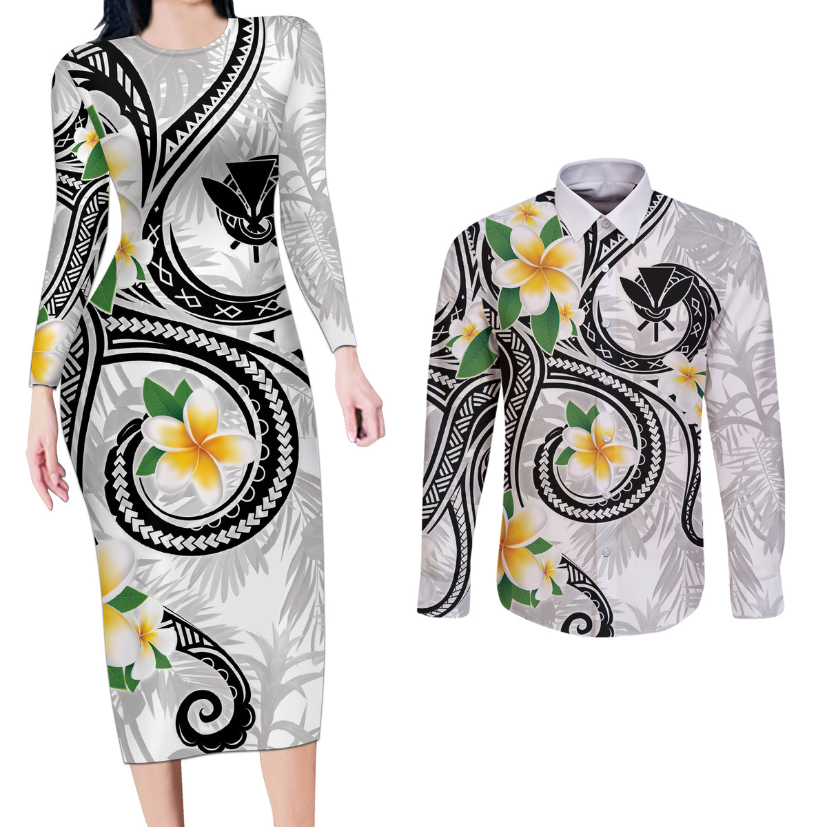 Kanaka Maoli Hawaii Plumeria Couples Matching Long Sleeve Bodycon Dress and Long Sleeve Button Shirt Dancing Tentacles White Style LT7 White - Polynesian Pride