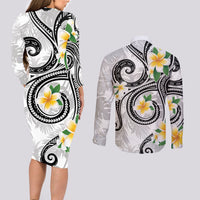 Kanaka Maoli Hawaii Plumeria Couples Matching Long Sleeve Bodycon Dress and Long Sleeve Button Shirt Dancing Tentacles White Style LT7 - Polynesian Pride