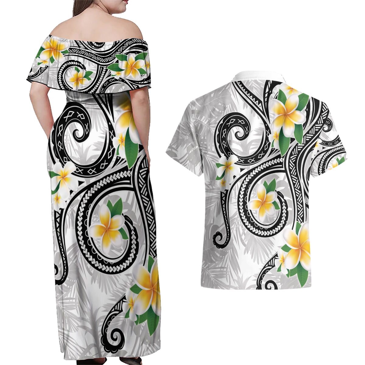 Kanaka Maoli Hawaii Plumeria Couples Matching Off Shoulder Maxi Dress and Hawaiian Shirt Dancing Tentacles White Style LT7 - Polynesian Pride