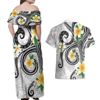 Kanaka Maoli Hawaii Plumeria Couples Matching Off Shoulder Maxi Dress and Hawaiian Shirt Dancing Tentacles White Style LT7 - Polynesian Pride