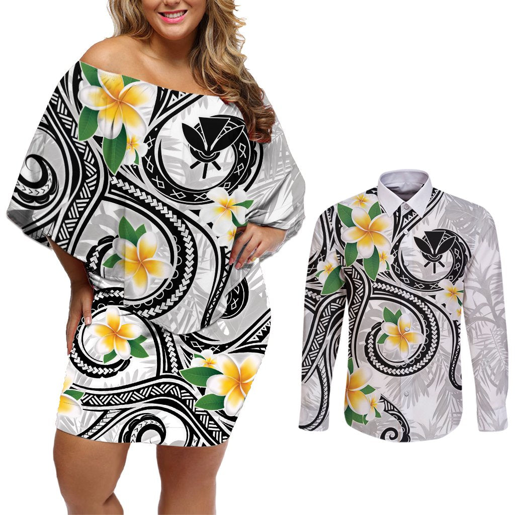 Kanaka Maoli Hawaii Plumeria Couples Matching Off Shoulder Short Dress and Long Sleeve Button Shirt Dancing Tentacles White Style LT7 White - Polynesian Pride