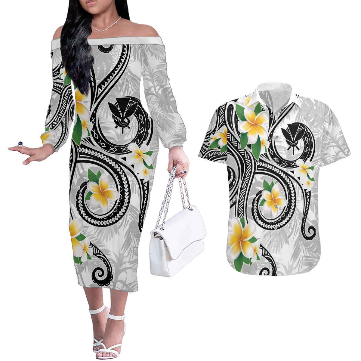 Kanaka Maoli Hawaii Plumeria Couples Matching Off The Shoulder Long Sleeve Dress and Hawaiian Shirt Dancing Tentacles White Style LT7 White - Polynesian Pride