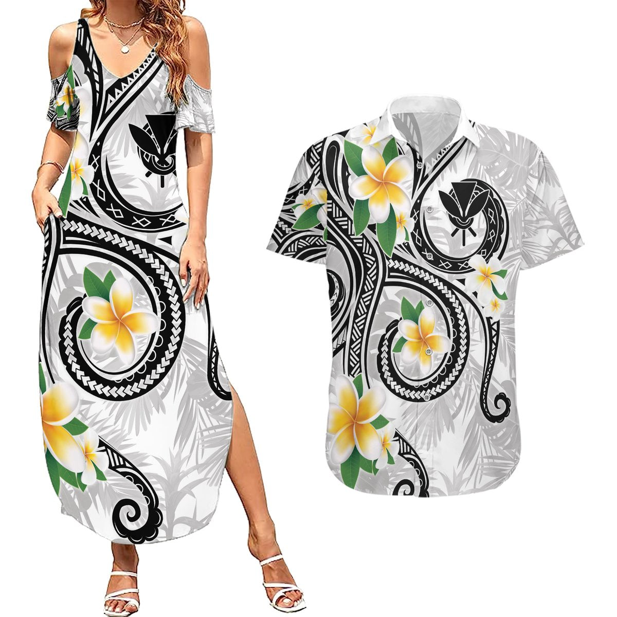 Kanaka Maoli Hawaii Plumeria Couples Matching Summer Maxi Dress and Hawaiian Shirt Dancing Tentacles White Style LT7 White - Polynesian Pride