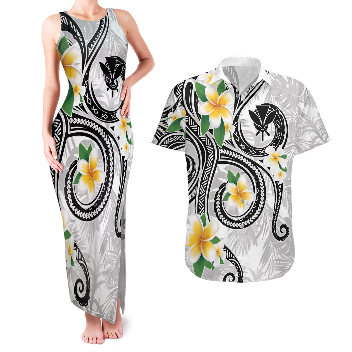 Kanaka Maoli Hawaii Plumeria Couples Matching Tank Maxi Dress and Hawaiian Shirt Dancing Tentacles White Style LT7 White - Polynesian Pride