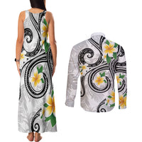 Kanaka Maoli Hawaii Plumeria Couples Matching Tank Maxi Dress and Long Sleeve Button Shirt Dancing Tentacles White Style LT7 - Polynesian Pride