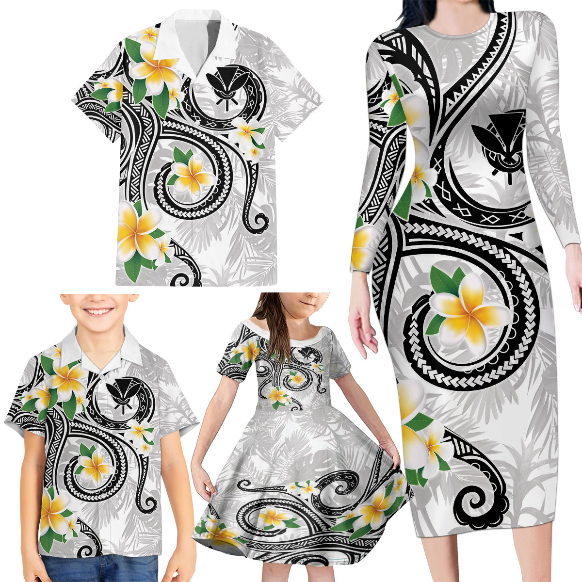 Kanaka Maoli Hawaii Plumeria Family Matching Long Sleeve Bodycon Dress and Hawaiian Shirt Dancing Tentacles White Style LT7 - Polynesian Pride