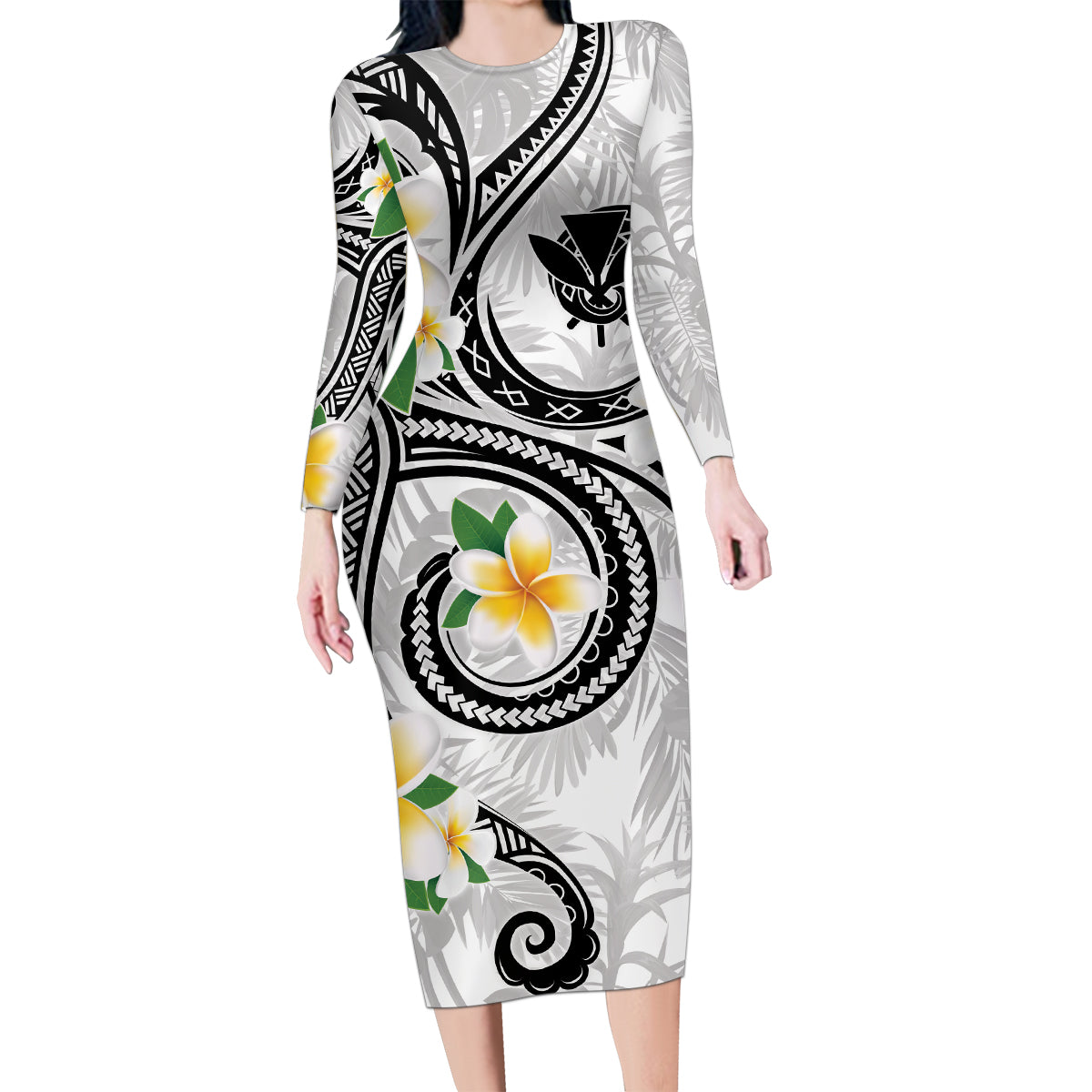 Kanaka Maoli Hawaii Plumeria Family Matching Long Sleeve Bodycon Dress and Hawaiian Shirt Dancing Tentacles White Style LT7 Mom's Dress White - Polynesian Pride