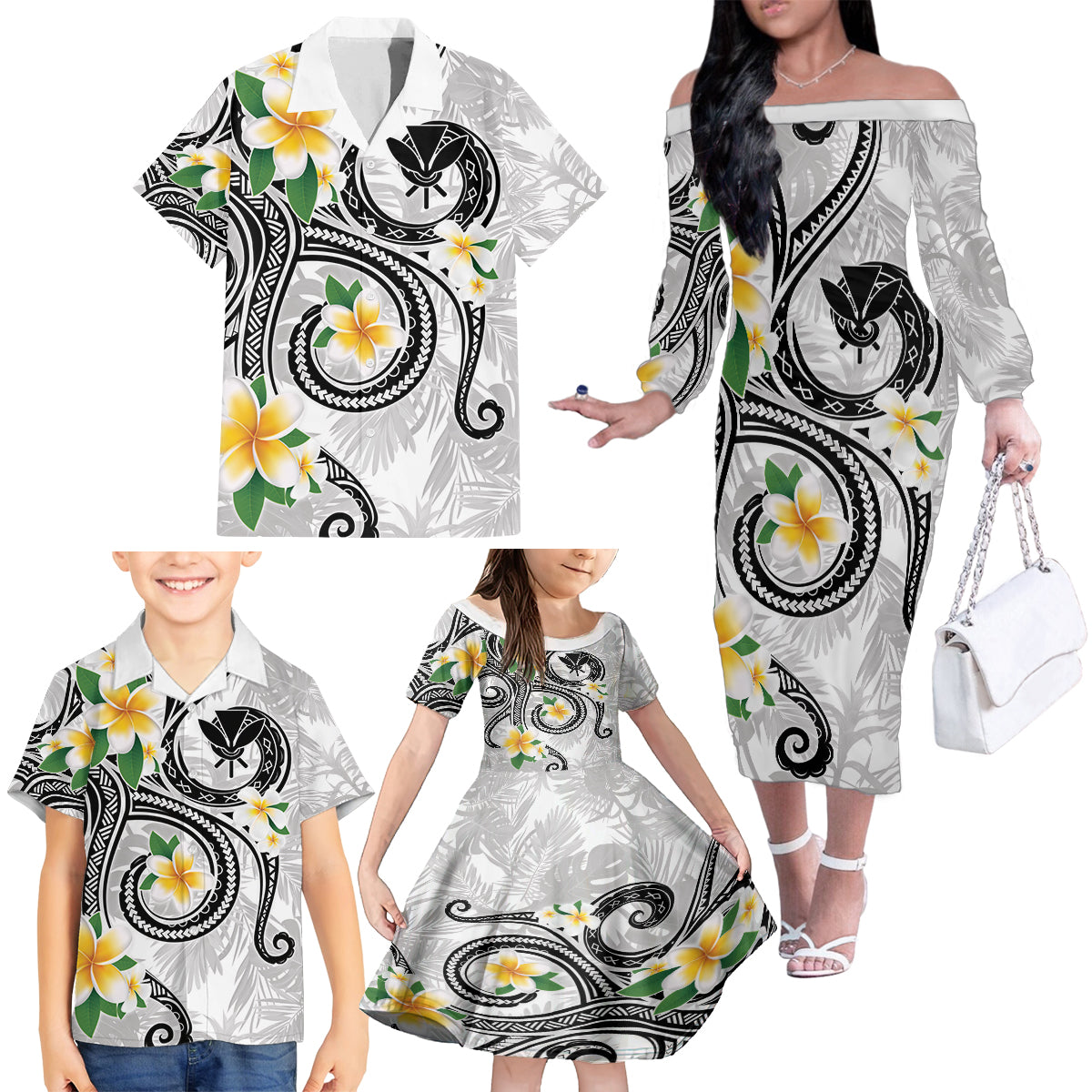 Kanaka Maoli Hawaii Plumeria Family Matching Off The Shoulder Long Sleeve Dress and Hawaiian Shirt Dancing Tentacles White Style LT7 - Polynesian Pride