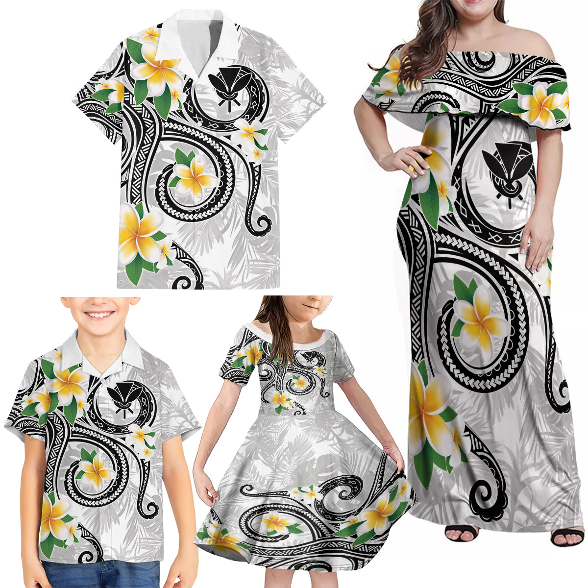 Kanaka Maoli Hawaii Plumeria Family Matching Off Shoulder Maxi Dress and Hawaiian Shirt Dancing Tentacles White Style LT7 - Polynesian Pride