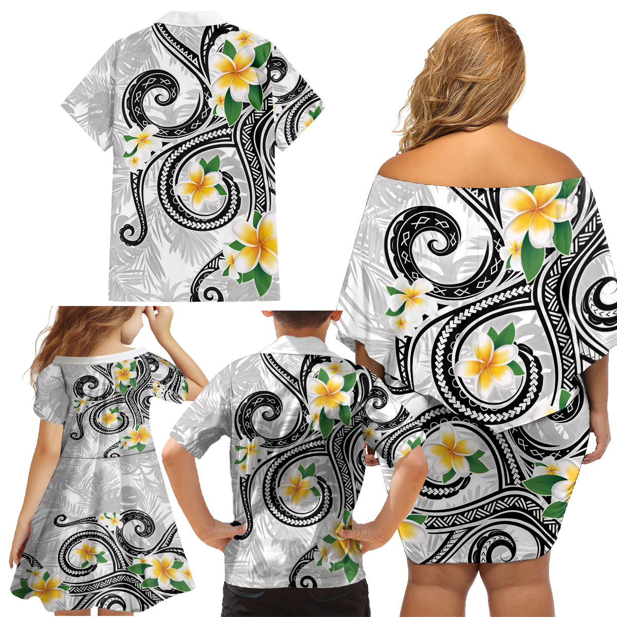 Kanaka Maoli Hawaii Plumeria Family Matching Off Shoulder Short Dress and Hawaiian Shirt Dancing Tentacles White Style LT7 - Polynesian Pride