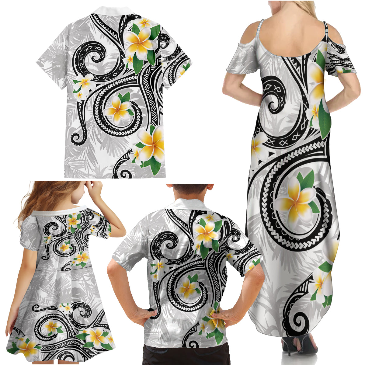 Kanaka Maoli Hawaii Plumeria Family Matching Summer Maxi Dress and Hawaiian Shirt Dancing Tentacles White Style LT7 - Polynesian Pride