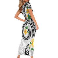 Kanaka Maoli Hawaii Plumeria Short Sleeve Bodycon Dress Dancing Tentacles White Style