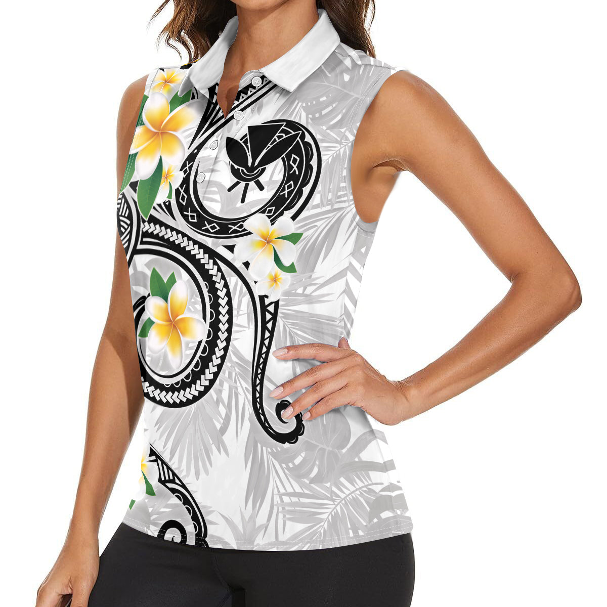 Kanaka Maoli Hawaii Plumeria Women Sleeveless Polo Shirt Dancing Tentacles White Style LT7 - Polynesian Pride
