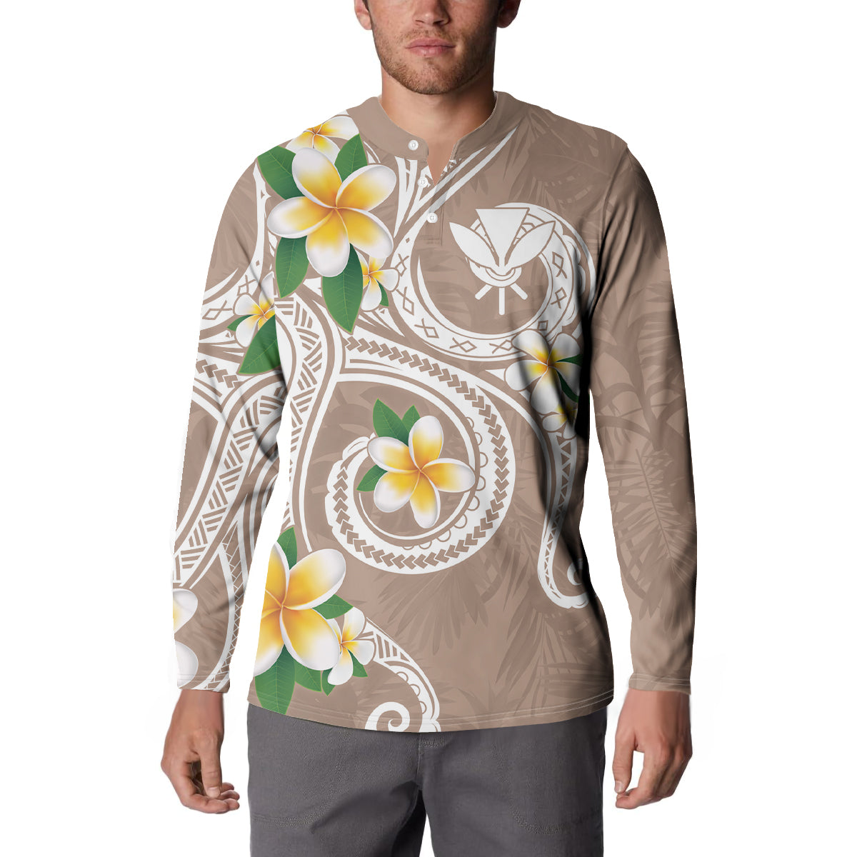 Kanaka Maoli Hawaii Plumeria Button Sweatshirt Dancing Tentacles Beige Style LT7 - Polynesian Pride