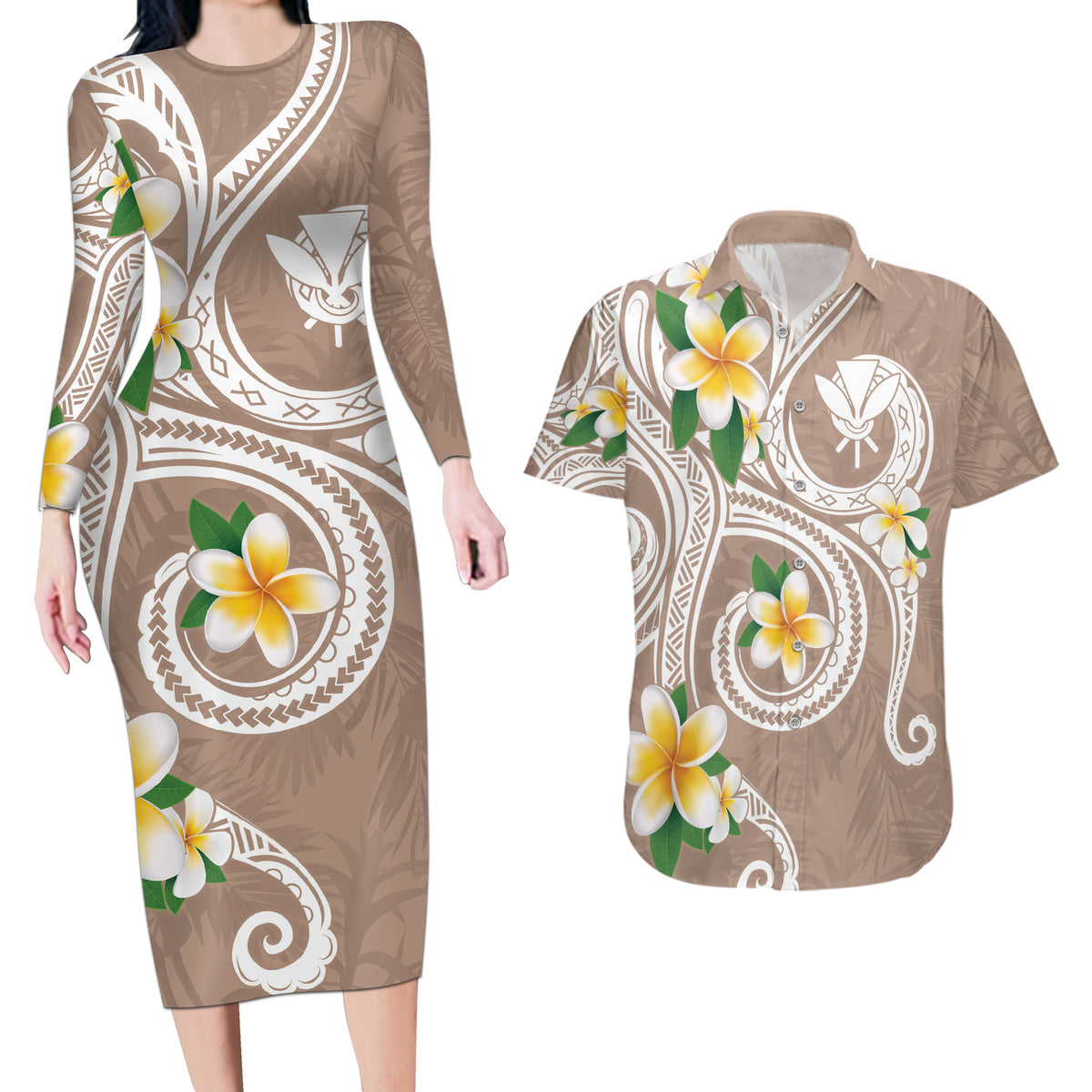 Kanaka Maoli Hawaii Plumeria Couples Matching Long Sleeve Bodycon Dress and Hawaiian Shirt Dancing Tentacles Beige Style LT7 Beige - Polynesian Pride