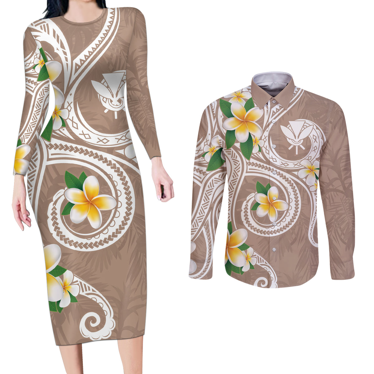 Kanaka Maoli Hawaii Plumeria Couples Matching Long Sleeve Bodycon Dress and Long Sleeve Button Shirt Dancing Tentacles Beige Style LT7 Beige - Polynesian Pride