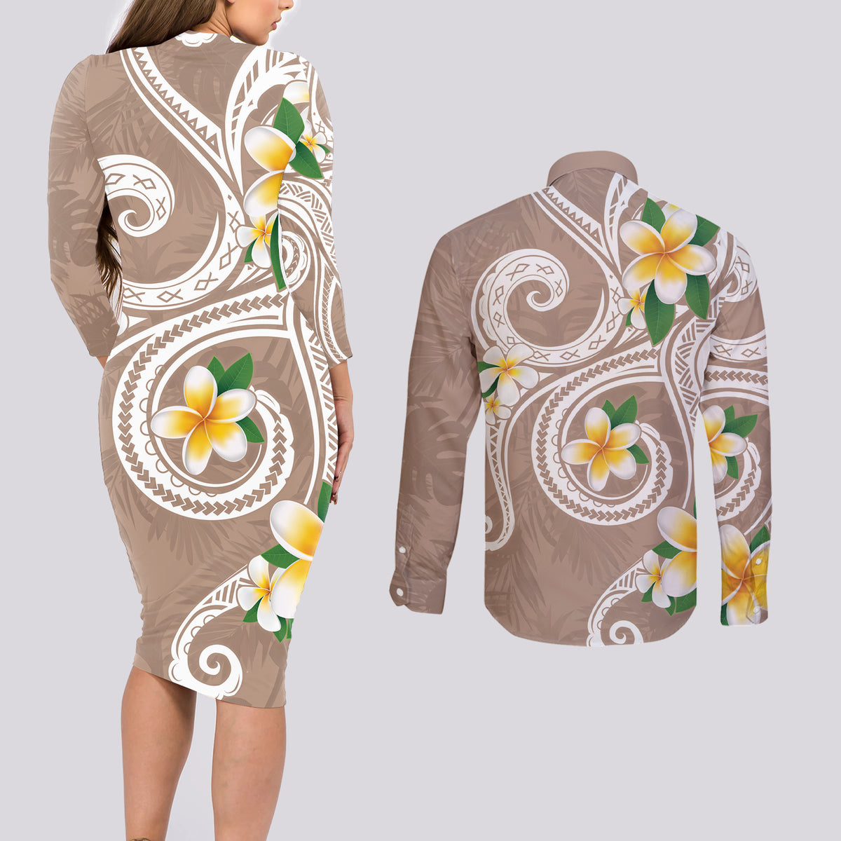Kanaka Maoli Hawaii Plumeria Couples Matching Long Sleeve Bodycon Dress and Long Sleeve Button Shirt Dancing Tentacles Beige Style LT7 - Polynesian Pride