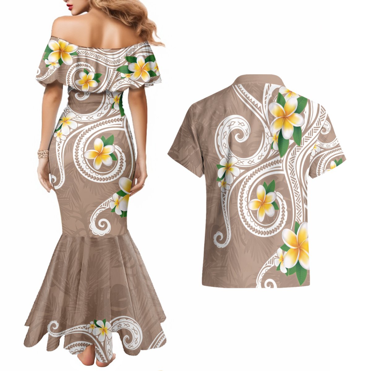 Kanaka Maoli Hawaii Plumeria Couples Matching Mermaid Dress and Hawaiian Shirt Dancing Tentacles Beige Style LT7 - Polynesian Pride
