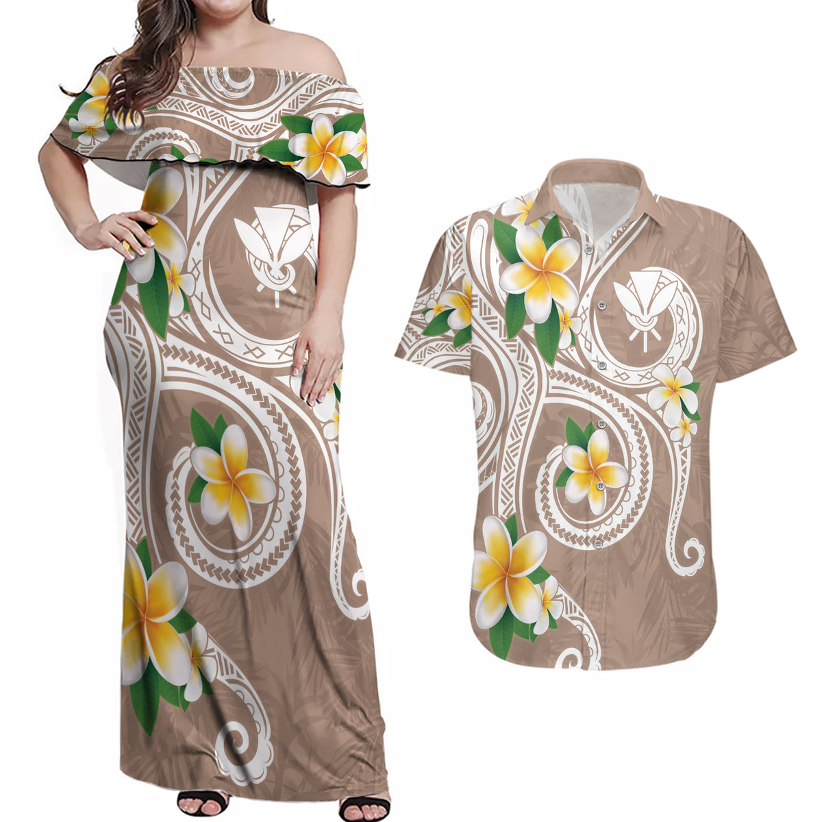 Kanaka Maoli Hawaii Plumeria Couples Matching Off Shoulder Maxi Dress and Hawaiian Shirt Dancing Tentacles Beige Style LT7 Beige - Polynesian Pride