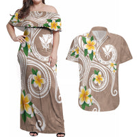 Kanaka Maoli Hawaii Plumeria Couples Matching Off Shoulder Maxi Dress and Hawaiian Shirt Dancing Tentacles Beige Style LT7 Beige - Polynesian Pride