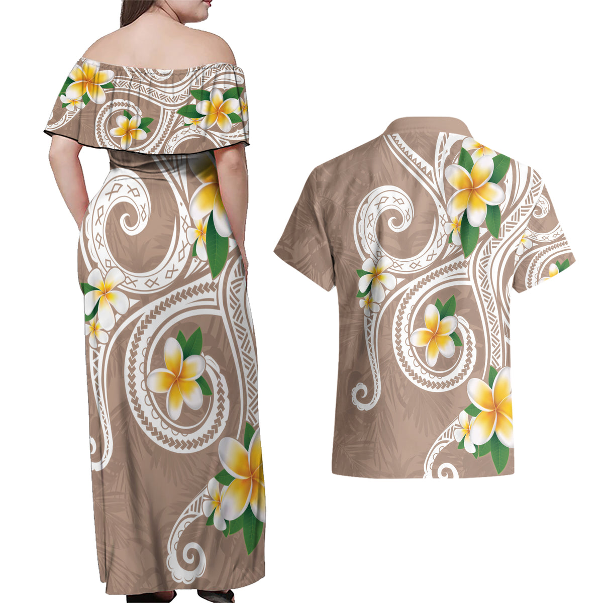 Kanaka Maoli Hawaii Plumeria Couples Matching Off Shoulder Maxi Dress and Hawaiian Shirt Dancing Tentacles Beige Style LT7 - Polynesian Pride
