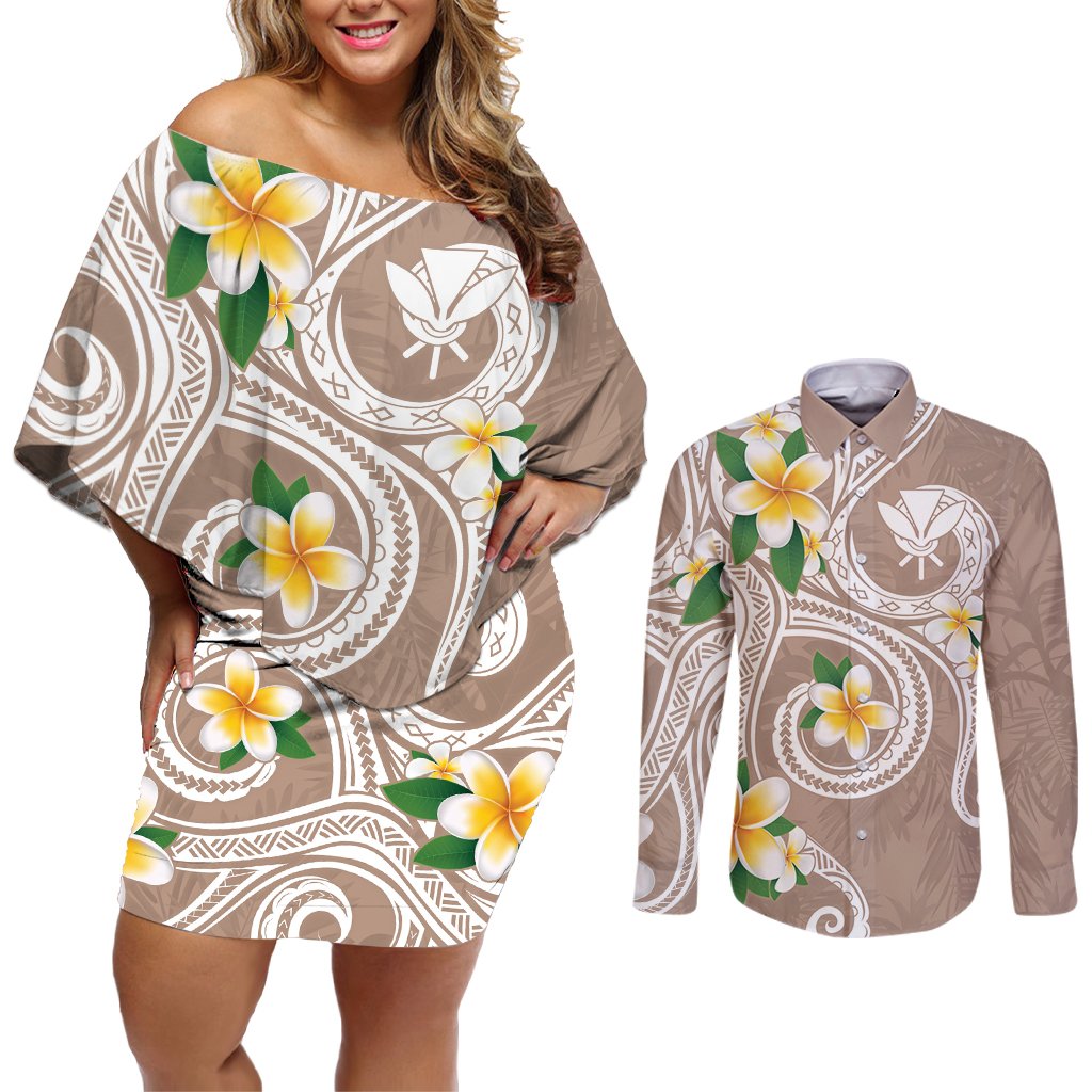 Kanaka Maoli Hawaii Plumeria Couples Matching Off Shoulder Short Dress and Long Sleeve Button Shirt Dancing Tentacles Beige Style LT7 Beige - Polynesian Pride