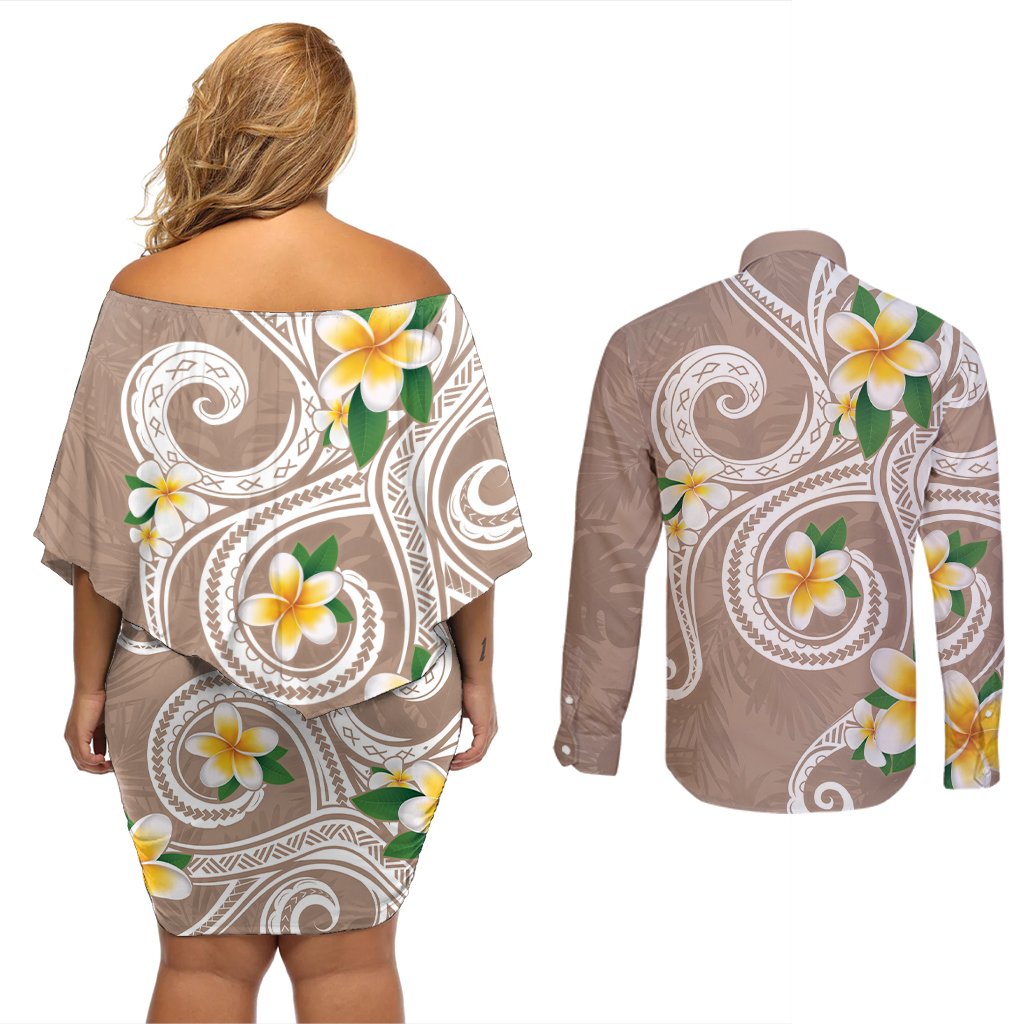 Kanaka Maoli Hawaii Plumeria Couples Matching Off Shoulder Short Dress and Long Sleeve Button Shirt Dancing Tentacles Beige Style LT7 - Polynesian Pride