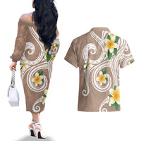 Kanaka Maoli Hawaii Plumeria Couples Matching Off The Shoulder Long Sleeve Dress and Hawaiian Shirt Dancing Tentacles Beige Style LT7 - Polynesian Pride