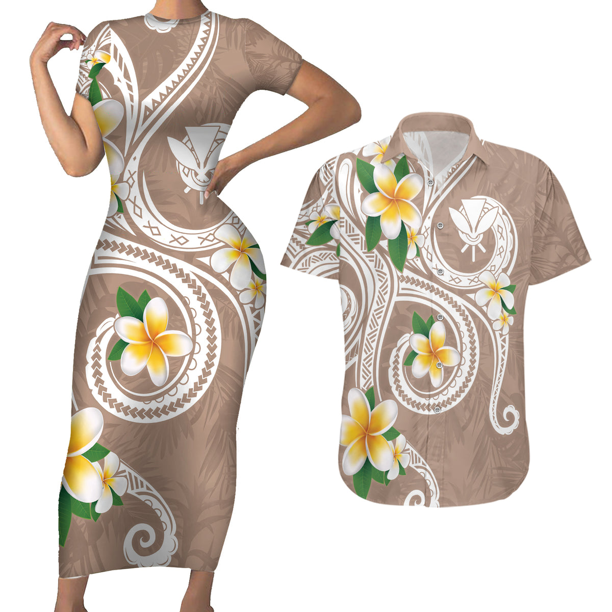 Kanaka Maoli Hawaii Plumeria Couples Matching Short Sleeve Bodycon Dress and Hawaiian Shirt Dancing Tentacles Beige Style LT7 Beige - Polynesian Pride