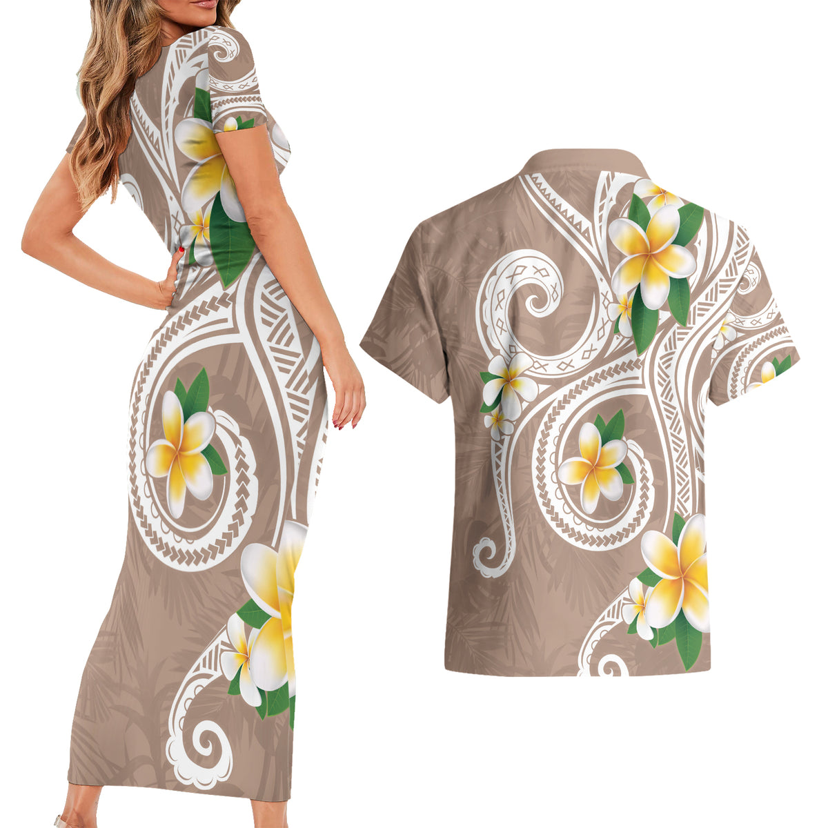 Kanaka Maoli Hawaii Plumeria Couples Matching Short Sleeve Bodycon Dress and Hawaiian Shirt Dancing Tentacles Beige Style LT7 - Polynesian Pride
