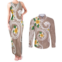Kanaka Maoli Hawaii Plumeria Couples Matching Tank Maxi Dress and Long Sleeve Button Shirt Dancing Tentacles Beige Style LT7 Beige - Polynesian Pride