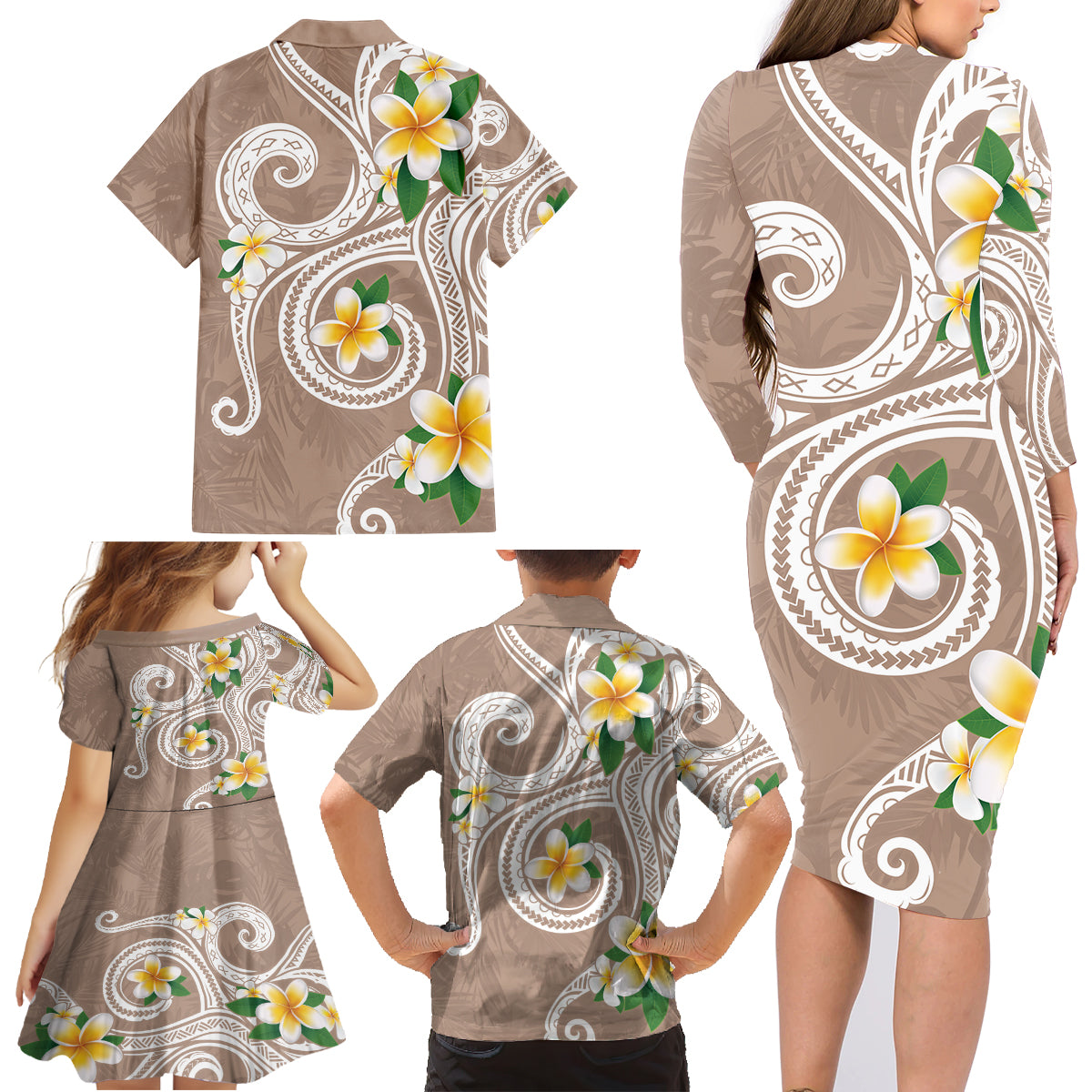 Kanaka Maoli Hawaii Plumeria Family Matching Long Sleeve Bodycon Dress and Hawaiian Shirt Dancing Tentacles Beige Style LT7 - Polynesian Pride