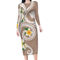 Kanaka Maoli Hawaii Plumeria Family Matching Long Sleeve Bodycon Dress and Hawaiian Shirt Dancing Tentacles Beige Style LT7 Mom's Dress Beige - Polynesian Pride