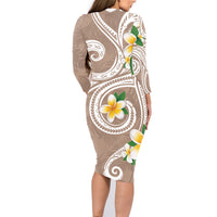 Kanaka Maoli Hawaii Plumeria Family Matching Long Sleeve Bodycon Dress and Hawaiian Shirt Dancing Tentacles Beige Style LT7 - Polynesian Pride