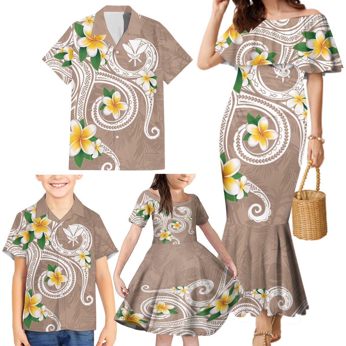 Kanaka Maoli Hawaii Plumeria Family Matching Mermaid Dress and Hawaiian Shirt Dancing Tentacles Beige Style LT7 - Polynesian Pride