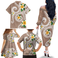 Kanaka Maoli Hawaii Plumeria Family Matching Off The Shoulder Long Sleeve Dress and Hawaiian Shirt Dancing Tentacles Beige Style LT7 - Polynesian Pride