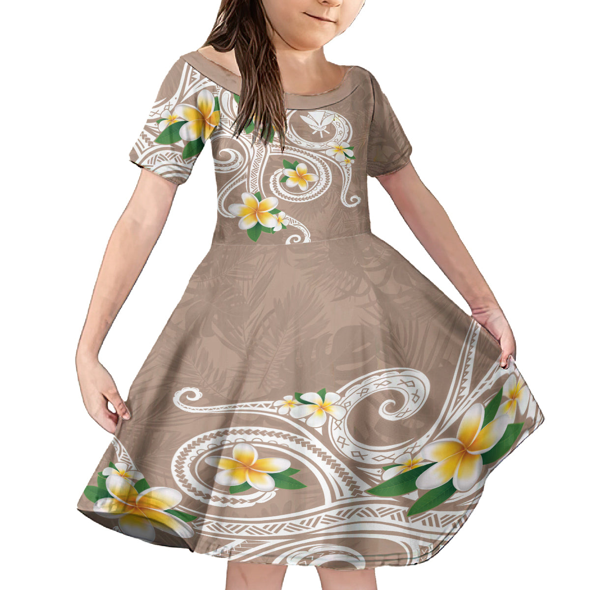 Kanaka Maoli Hawaii Plumeria Family Matching Off Shoulder Maxi Dress and Hawaiian Shirt Dancing Tentacles Beige Style LT7 Daughter's Dress Beige - Polynesian Pride