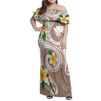 Kanaka Maoli Hawaii Plumeria Family Matching Off Shoulder Maxi Dress and Hawaiian Shirt Dancing Tentacles Beige Style LT7 Mom's Dress Beige - Polynesian Pride