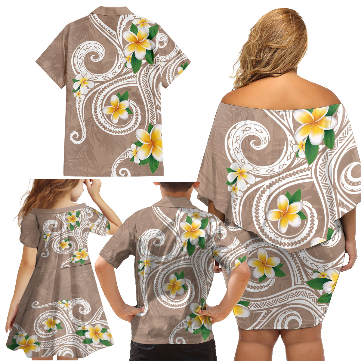 Kanaka Maoli Hawaii Plumeria Family Matching Off Shoulder Short Dress and Hawaiian Shirt Dancing Tentacles Beige Style LT7 - Polynesian Pride