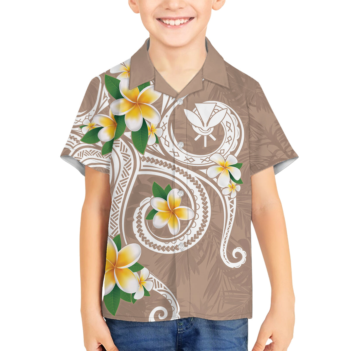Kanaka Maoli Hawaii Plumeria Family Matching Off Shoulder Short Dress and Hawaiian Shirt Dancing Tentacles Beige Style LT7 Son's Shirt Beige - Polynesian Pride