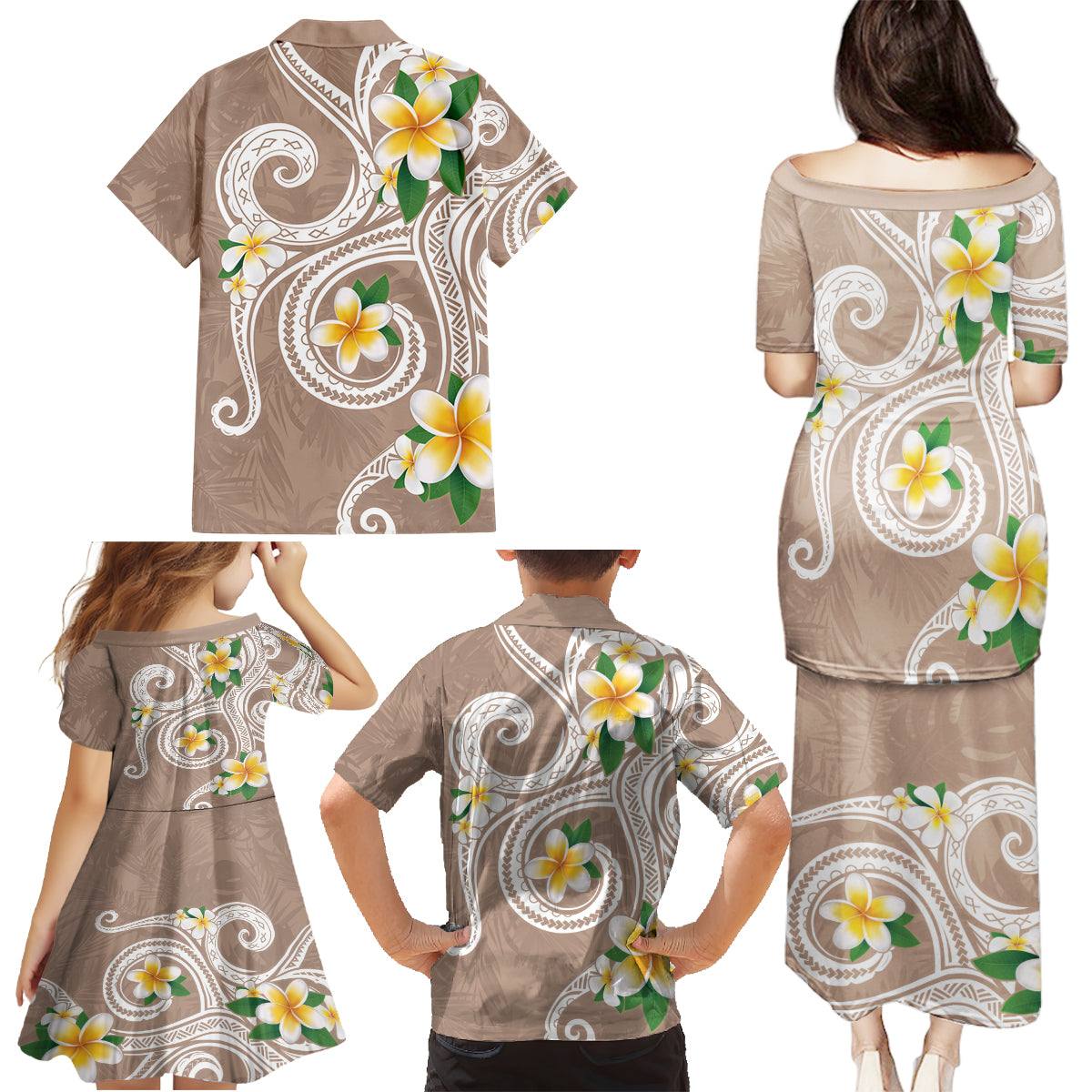 Kanaka Maoli Hawaii Plumeria Family Matching Puletasi and Hawaiian Shirt Dancing Tentacles Beige Style LT7 - Polynesian Pride