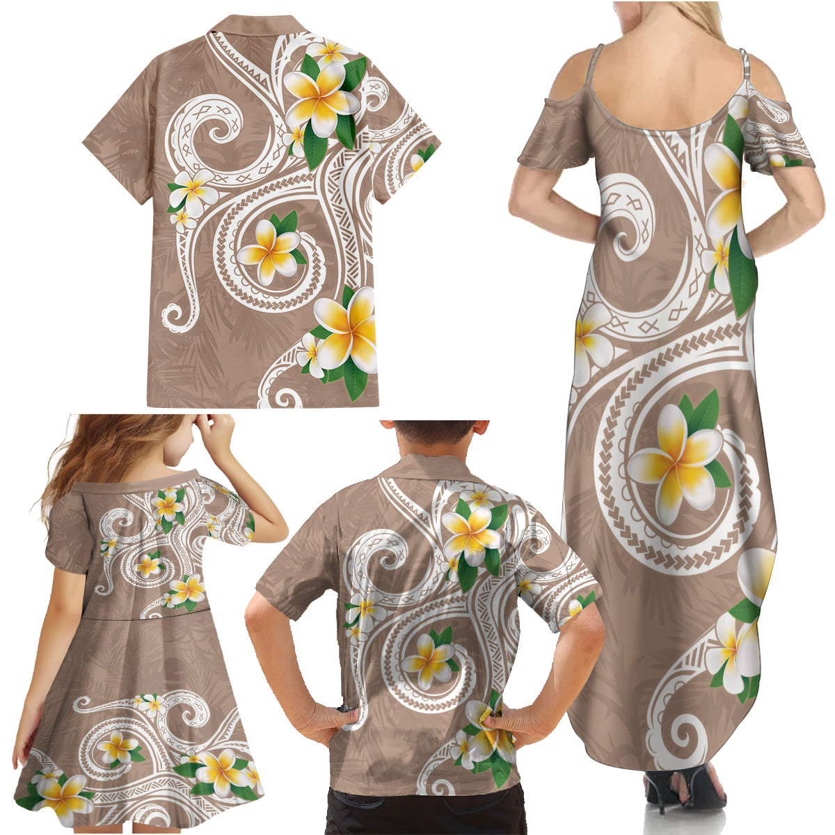 Kanaka Maoli Hawaii Plumeria Family Matching Summer Maxi Dress and Hawaiian Shirt Dancing Tentacles Beige Style LT7 - Polynesian Pride